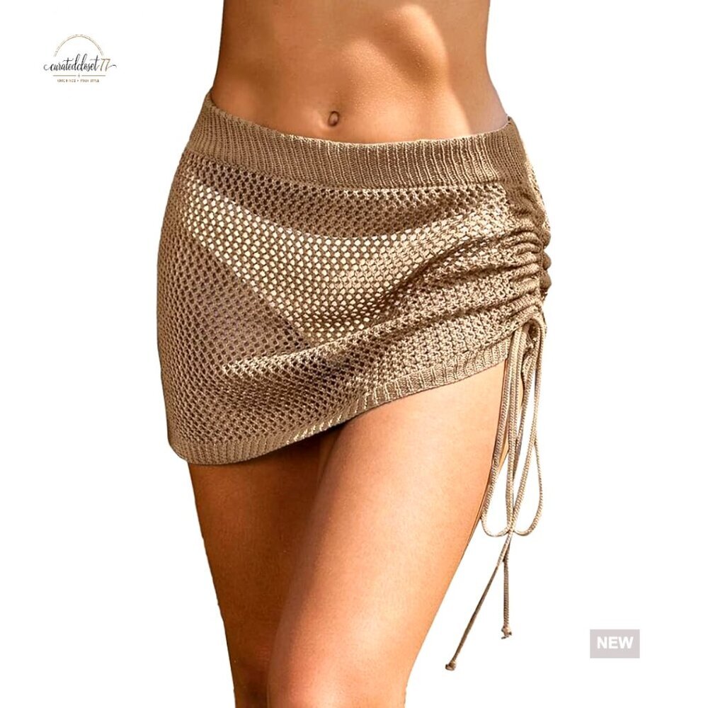 Crochet Swimsuit Cover Up Skirt Knit Drawstring Beach Sarong XS-XXL